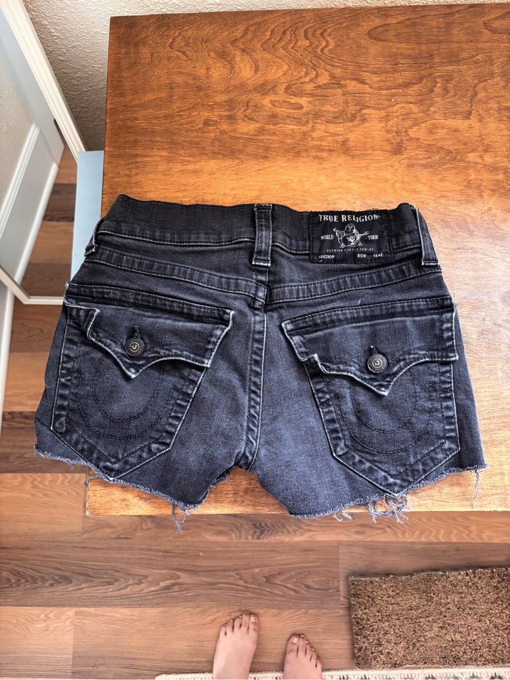 True Religion Washed Black Distressed Denim Cutoff Shorts